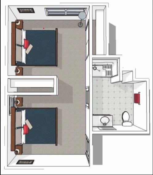 A top-down view of a floor plan featuring two bedrooms and a bathroom.