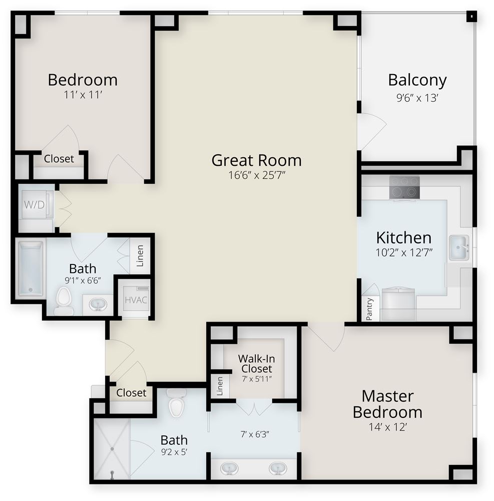 Floor plan of a two-bedroom apartment with a great room, kitchen, balcony, and walk-in closet.