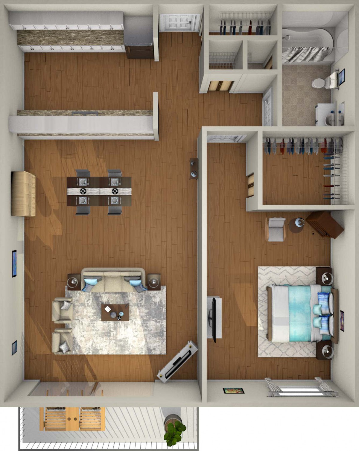A 3D rendering of a modern apartment floor plan, featuring an open living and dining area, a bedroom, and a kitchen.