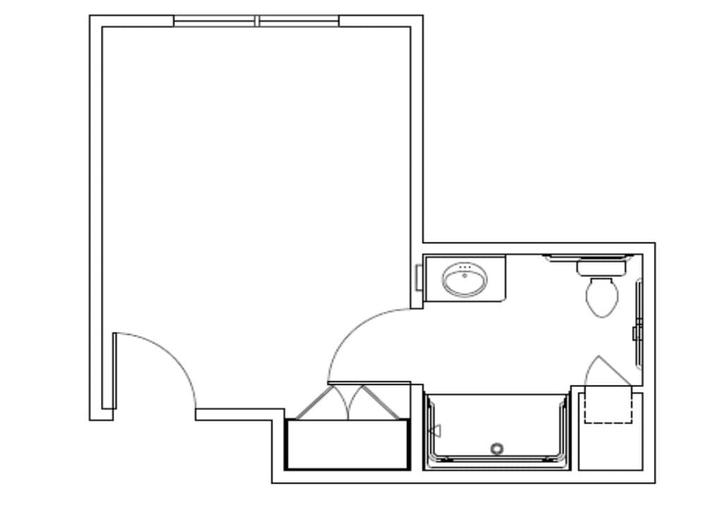 A floor plan illustrating a bathroom layout with a sink, toilet, and bathtub.