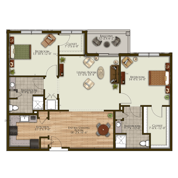 A detailed floor plan of an apartment with multiple rooms, including bedrooms, bathrooms, a kitchen, and living areas.
