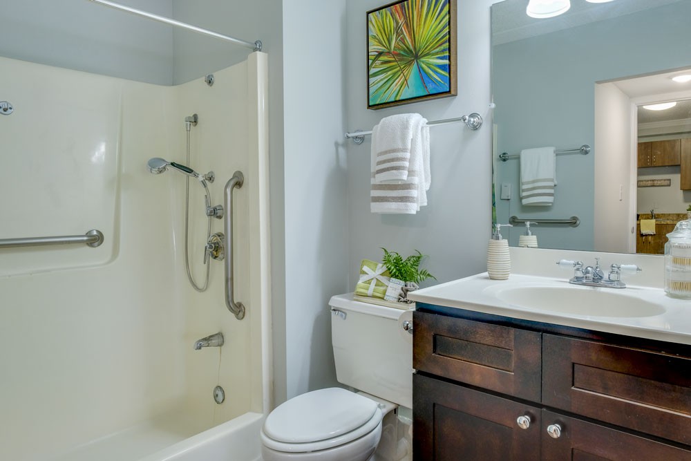 A modern bathroom featuring a shower, toilet, sink with a dark wood vanity, and decorative artwork.