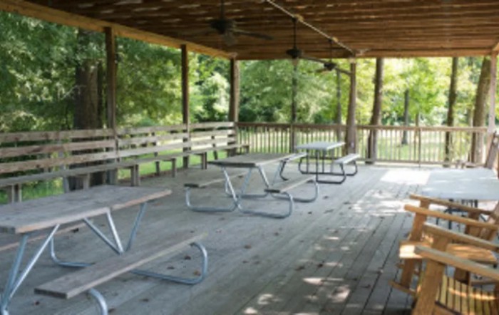 An outdoor pavilion with picnic tables and benches on a wooden deck.