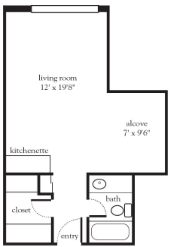 Studio apartment floor plan with living room, kitchenette, alcove, and bathroom.
