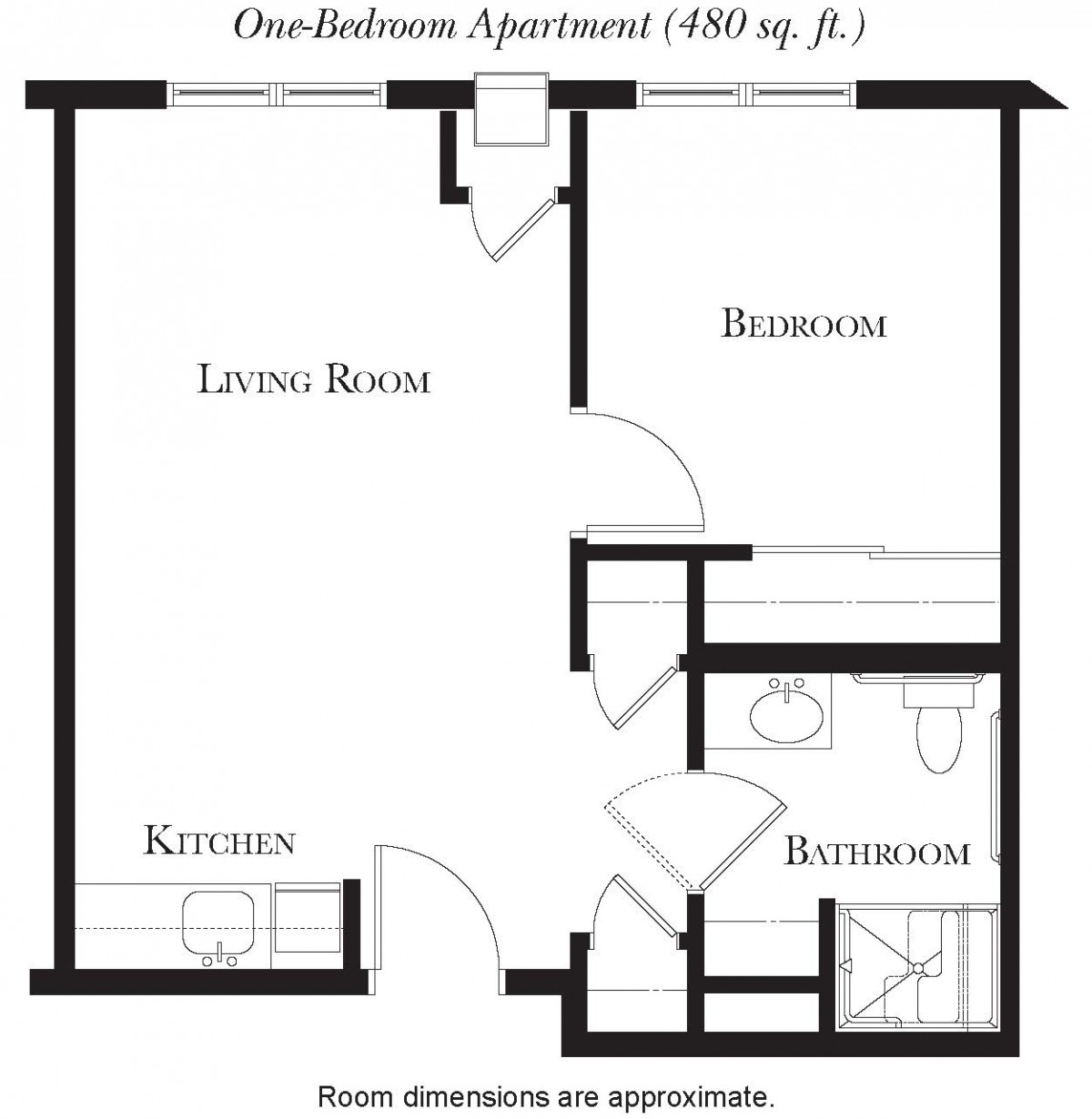 A floor plan of a one-bedroom apartment showing the layout of a living room, kitchen, bedroom, and bathroom.