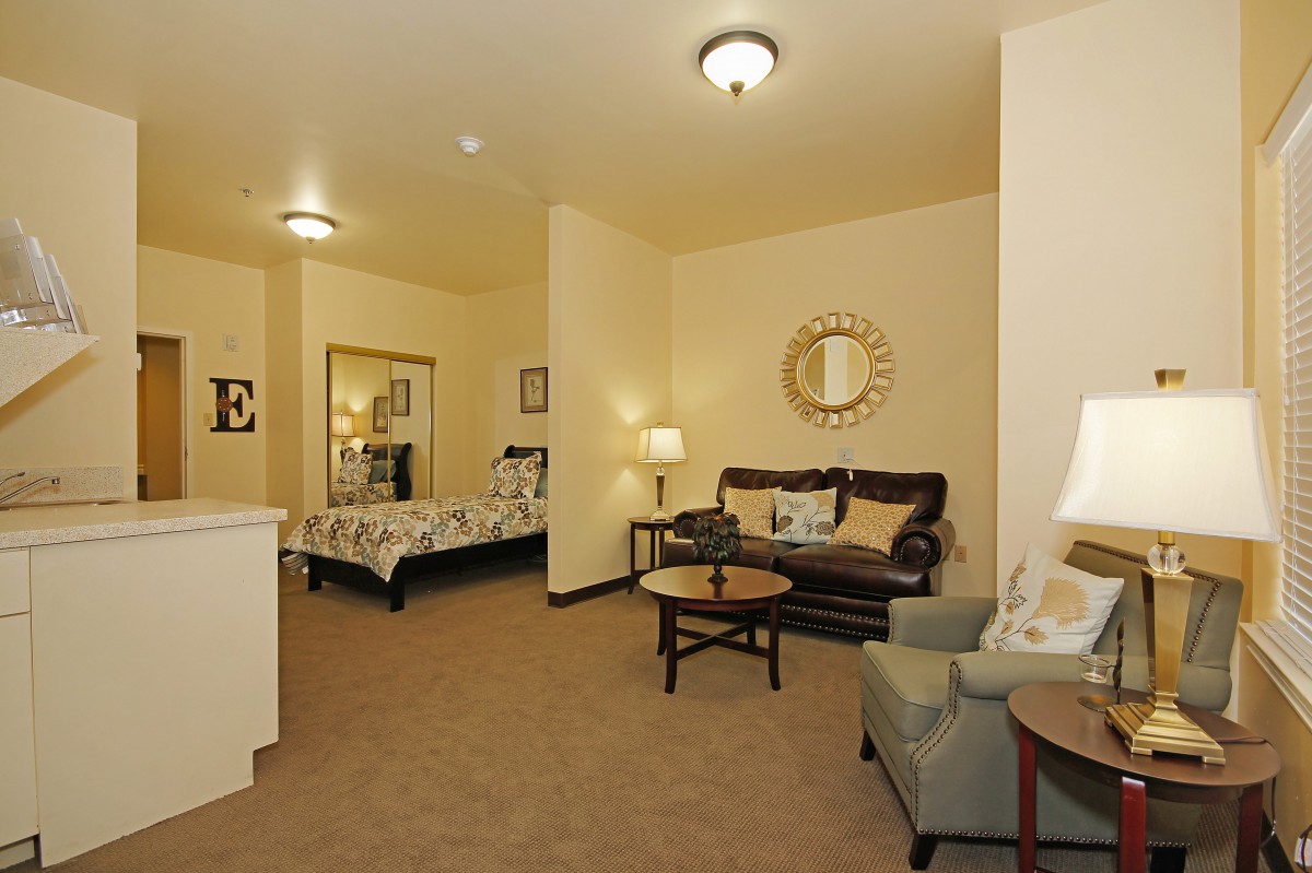 A cozy interior space with a combined living and bedroom area featuring stylish furniture and soft lighting.
