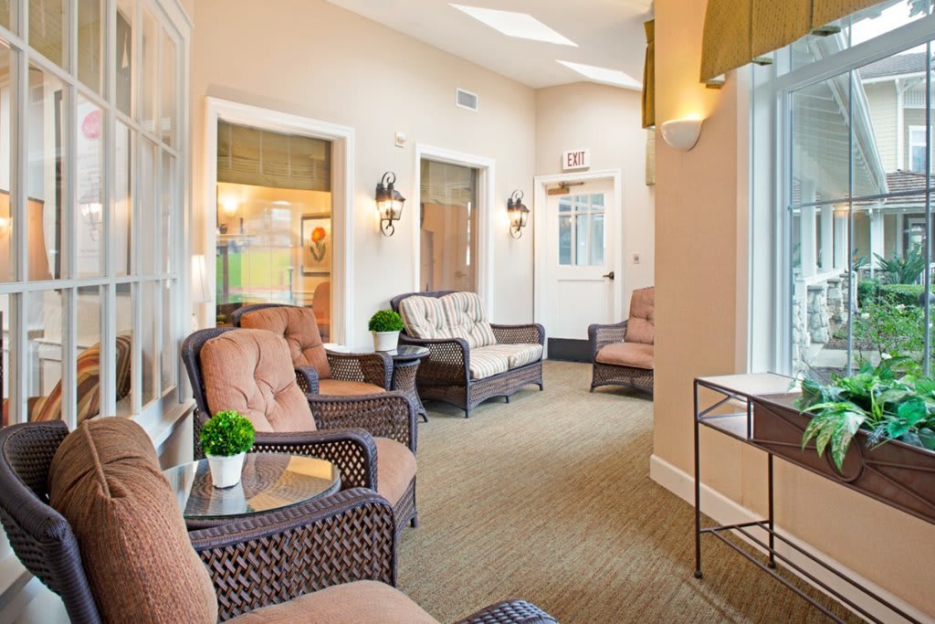 A cozy waiting room featuring comfortable seating and natural light.