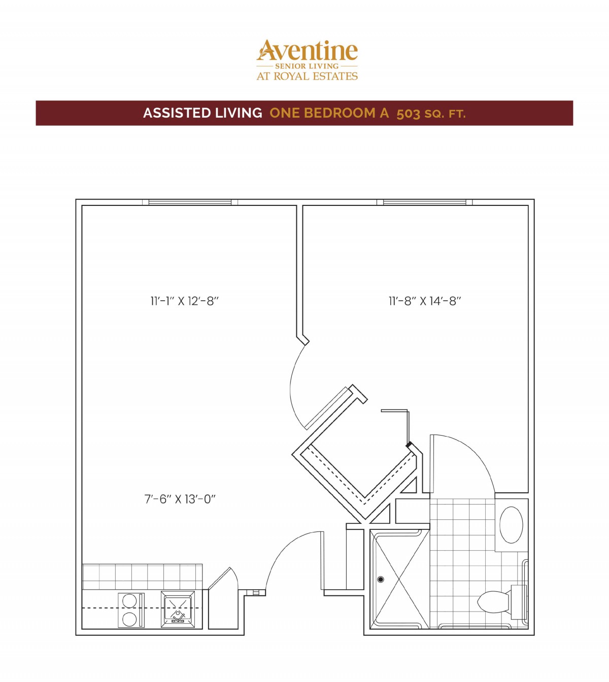 A floor plan of an assisted living studio apartment, featuring a bathroom and a main living area.