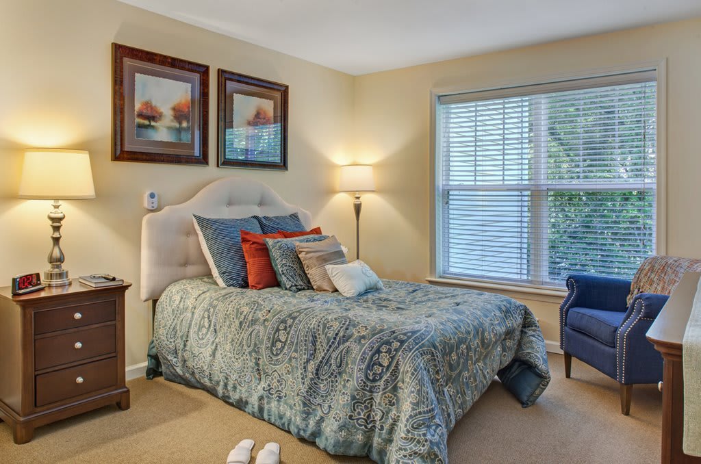 A cozy bedroom with a well-decorated bed, artwork on the wall, and natural light coming through the window.