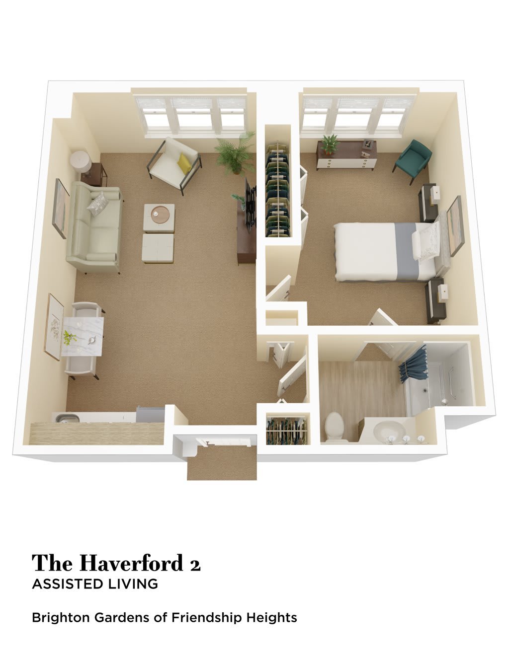 The Haverford - a one-bedroom apartment floor plan showcasing a living area, kitchen, and bathroom.