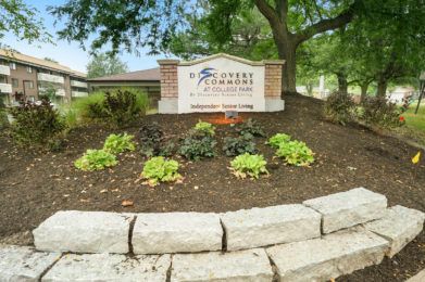 A landscaped area featuring a brick sign with greenery and plants.