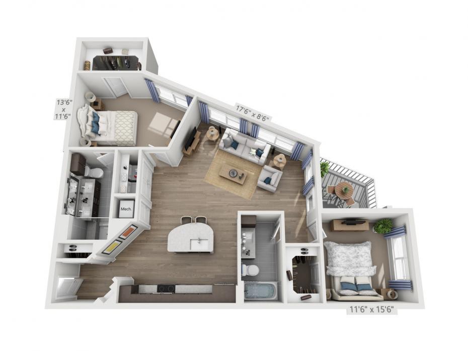 A 3D-rendered floor plan of a modern one-bedroom apartment featuring an open living area, kitchen, bathroom, and balcony.
