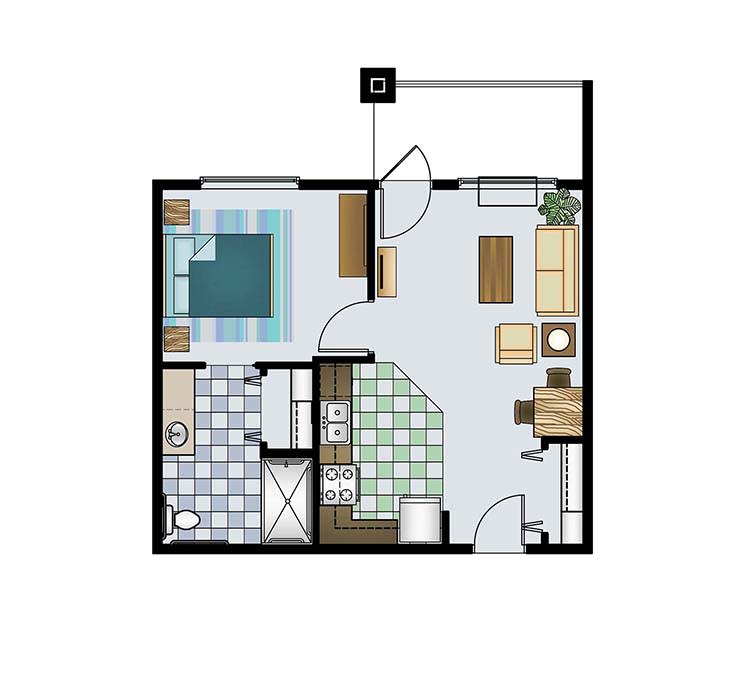A compact one-bedroom apartment floor plan featuring a living area, kitchen, bathroom, and bedroom.