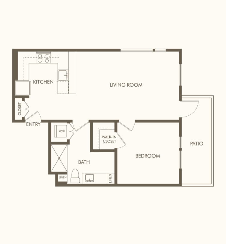A detailed floor plan of a one-bedroom apartment including living room, kitchen, bathroom, and patio.