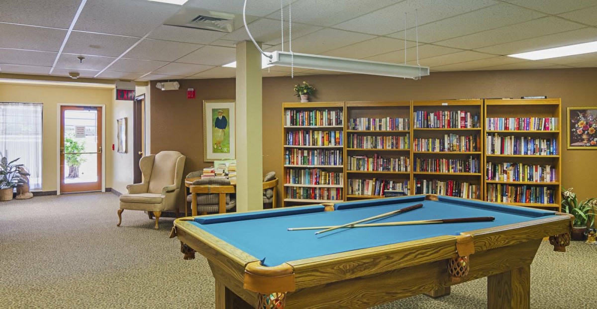 A cozy recreation room featuring a pool table and bookshelves lined with books.