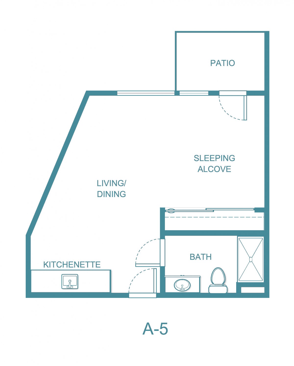 Floor plan for a studio apartment with a kitchenette, bathroom, living area, sleeping alcove, and patio.