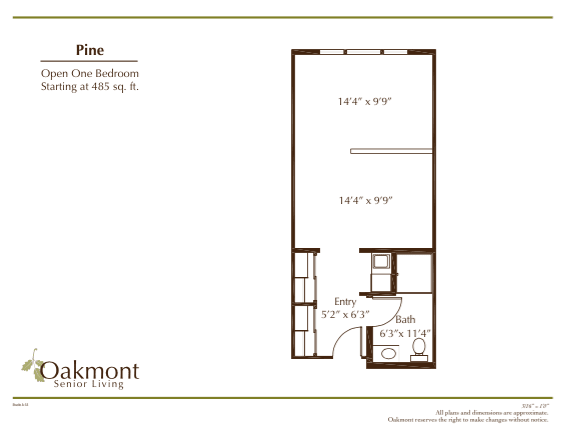 A floor plan of a one-bedroom apartment with an area of 405 sq. ft.