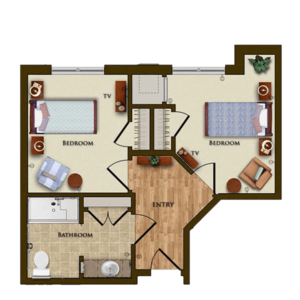 A floor plan of an apartment featuring two bedrooms, a bathroom, a kitchen, and a living area.