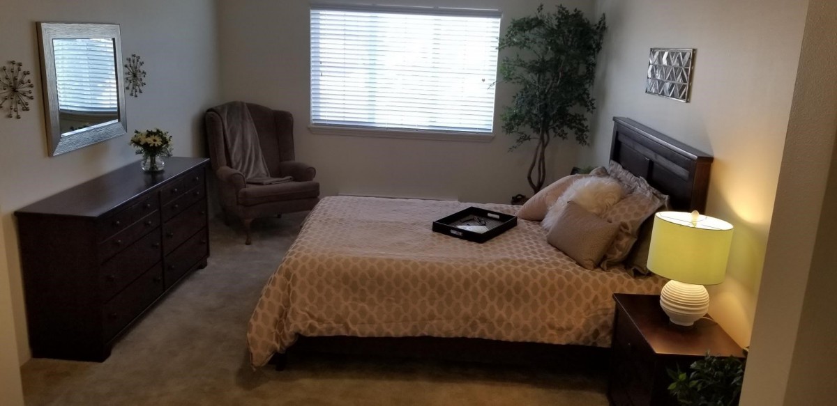 A cozy bedroom with a bed, chair, and plant near the window.