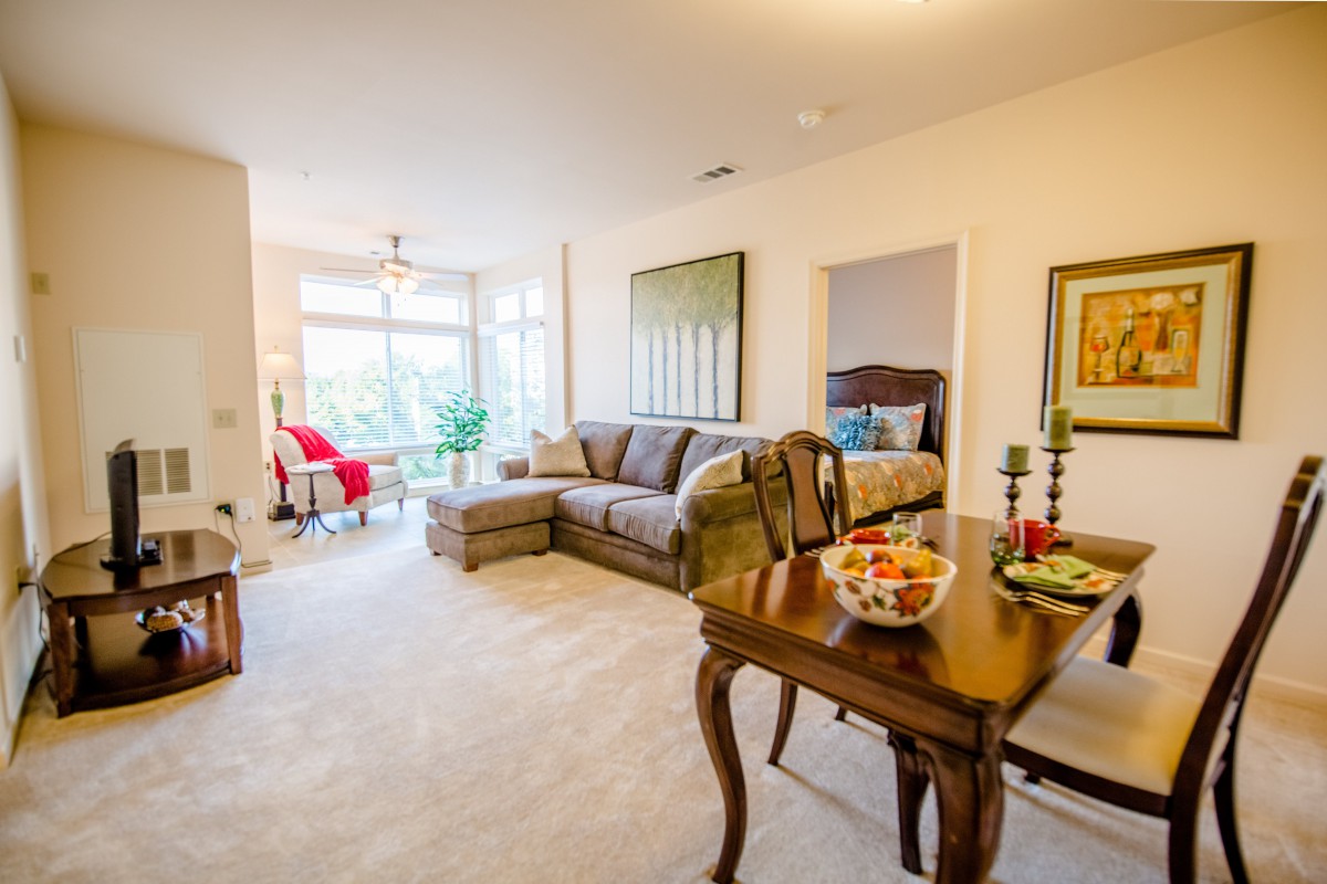 A modern and cozy living room with a sofa, dining table, and bright natural light.
