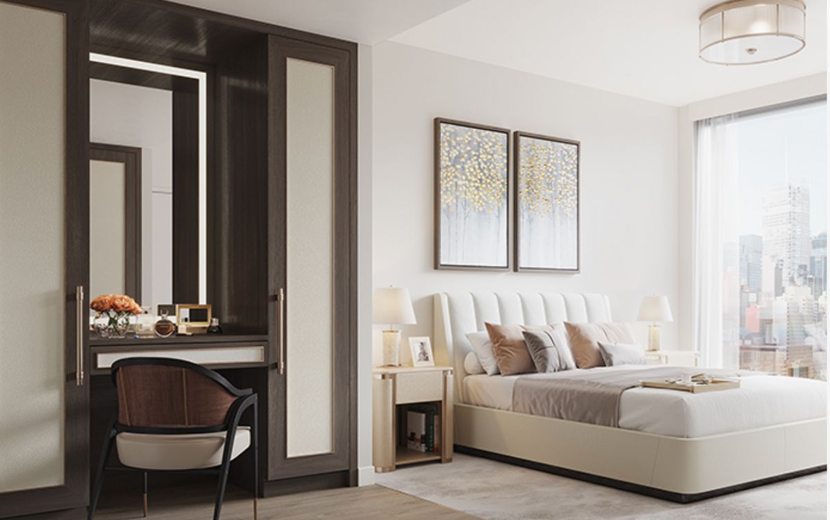 A modern and minimalist bedroom interior featuring a cozy bed, elegant artwork, and sleek furniture.