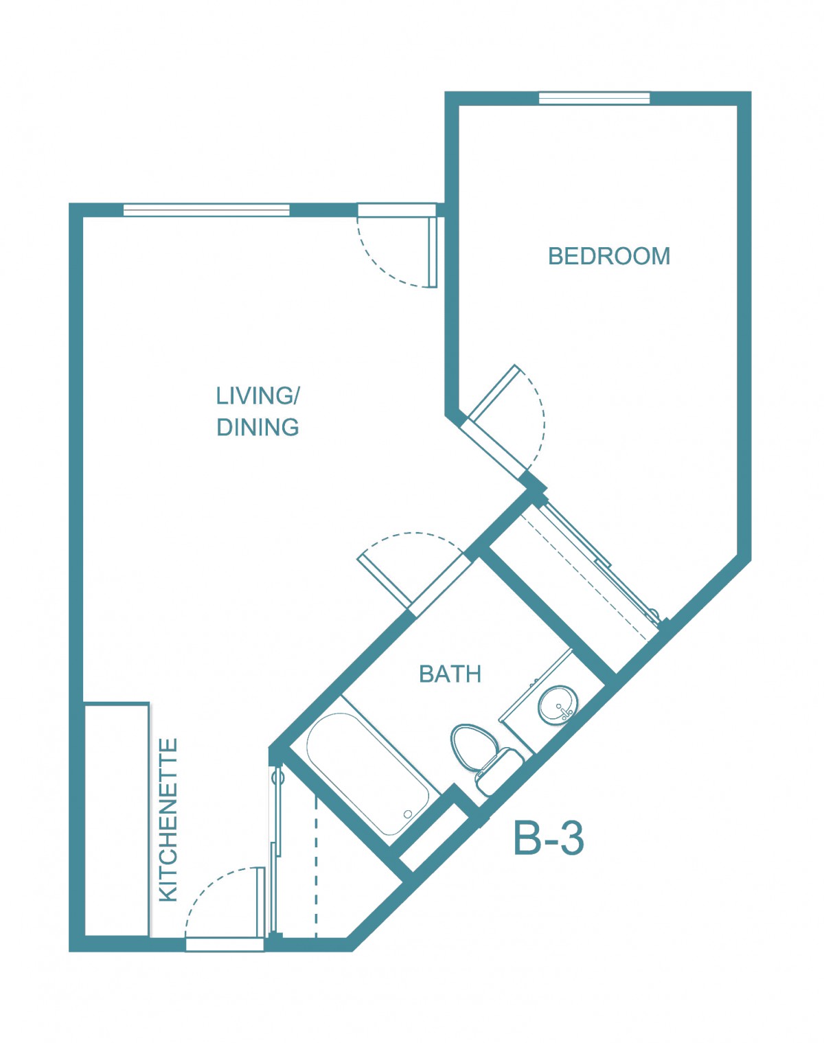 A one-bedroom apartment floor plan featuring a living and dining area, a bathroom, and a separate bedroom.