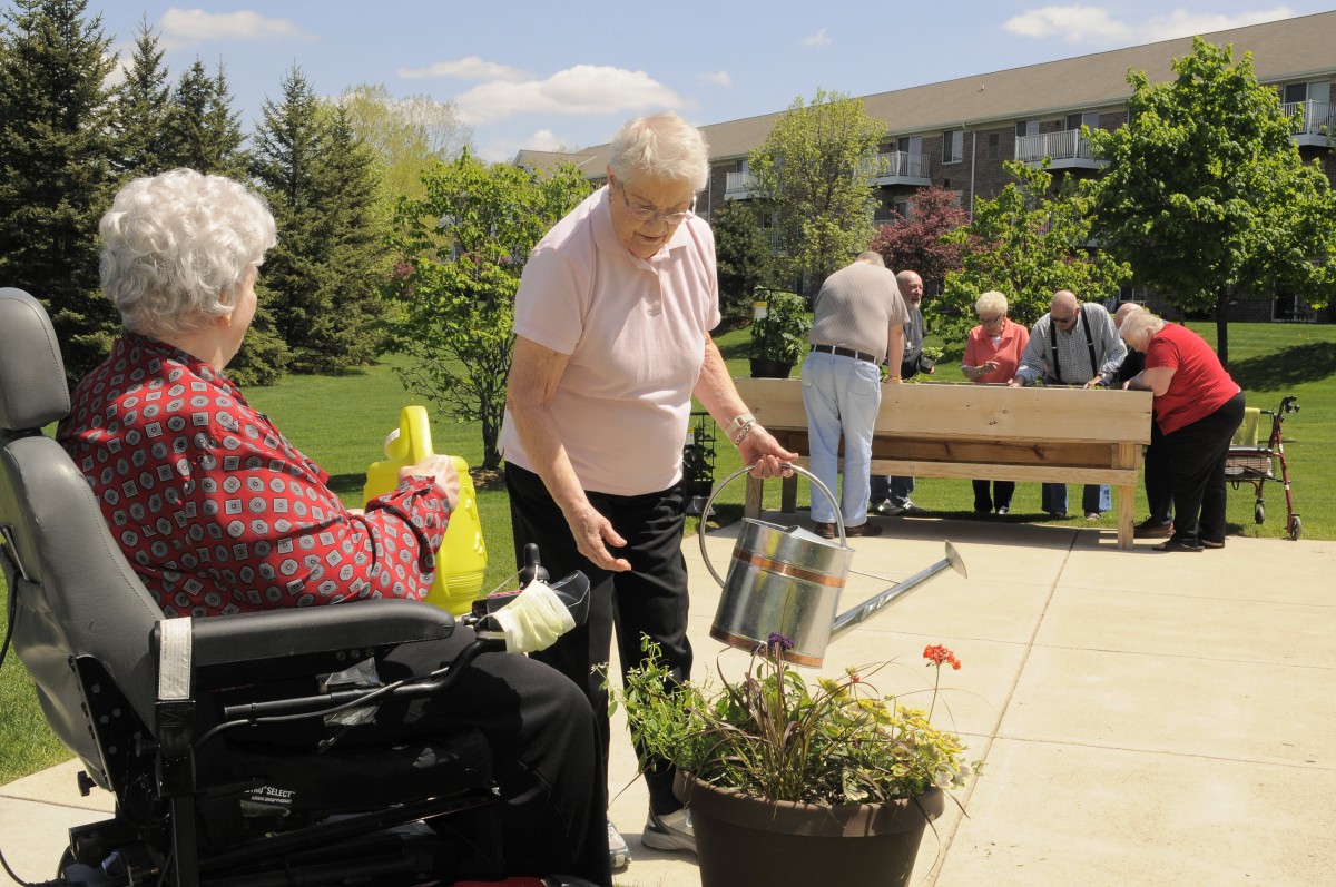 Seniors enjoying a sunny day outdoors, engaging in gardening and watering plants.