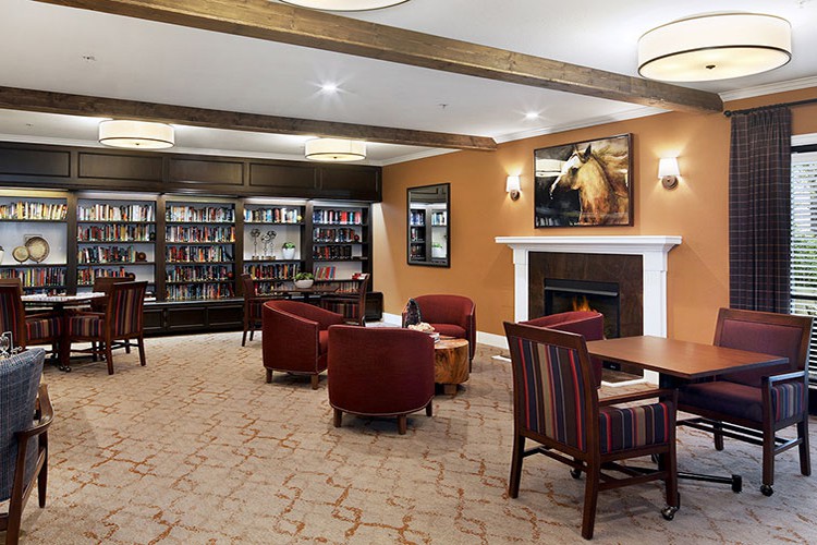 A cozy library room featuring bookshelves, comfortable seating, and a fireplace.