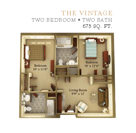The Vintage: A two-bedroom, two-bath apartment layout with 678 sq. ft.