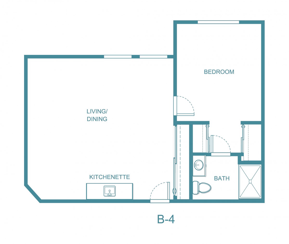 Floor plan of a one-bedroom apartment featuring a living/dining area, kitchenette, bathroom, and bedroom.