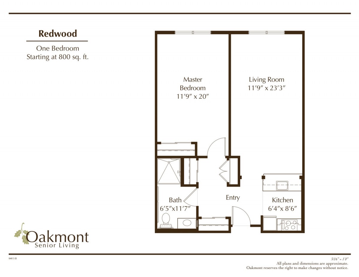 A floor plan for a one-bedroom apartment, including a kitchen and living room.