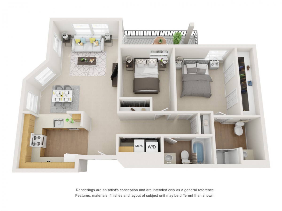 A 3D rendered floor plan of an apartment showing multiple rooms and a balcony.