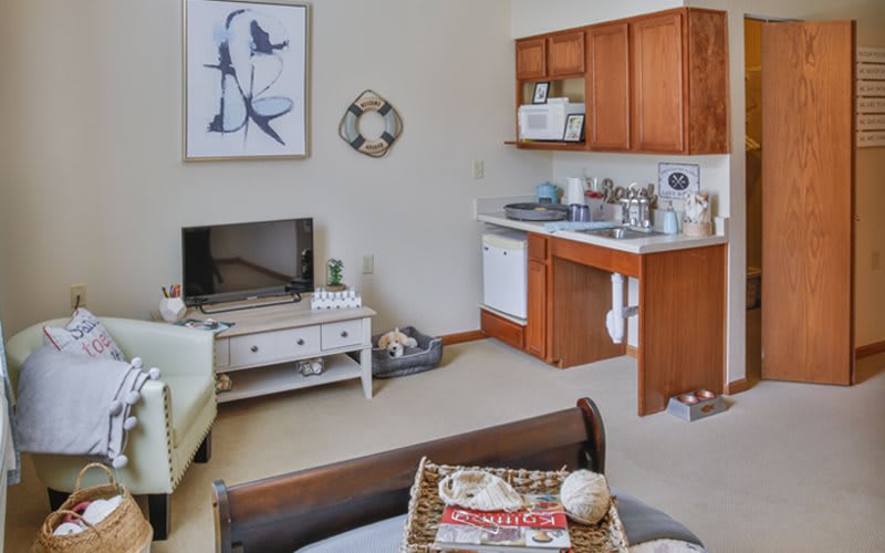 A cozy apartment living area with a TV, artwork on the wall, and a compact kitchenette.