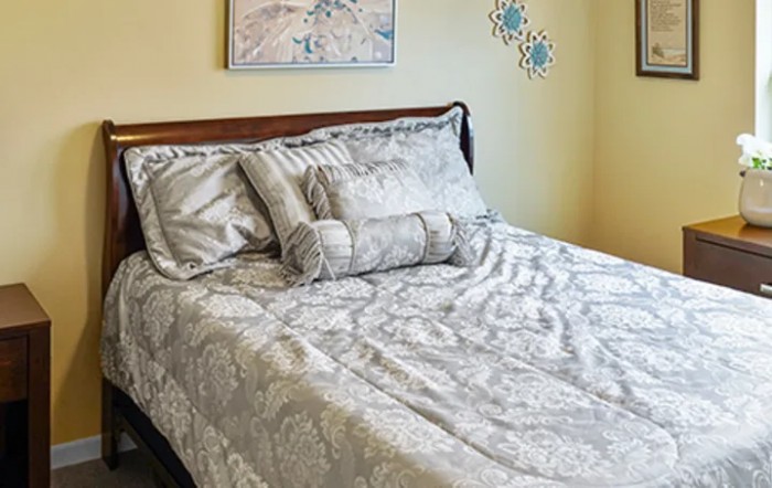 A neatly made bed with patterned bedding and decorative pillows in a cozy bedroom setting.