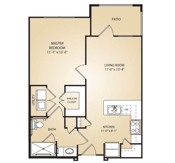 One-bedroom apartment floor plan with living room, kitchen, bathroom, and patio.