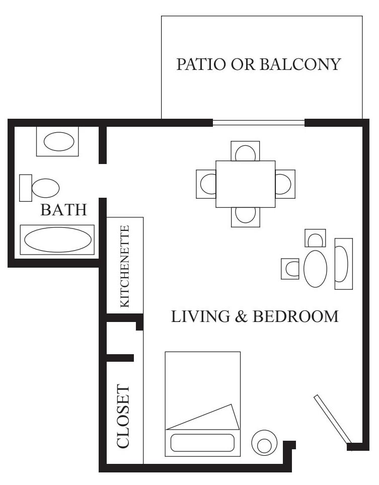 Floor plan of a studio apartment featuring a combined living and bedroom area, a bathroom, closet, and patio or balcony.