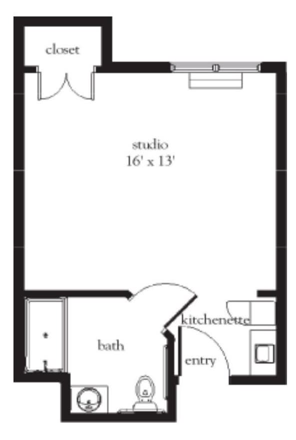 Floor plan of a studio apartment with dimensions.