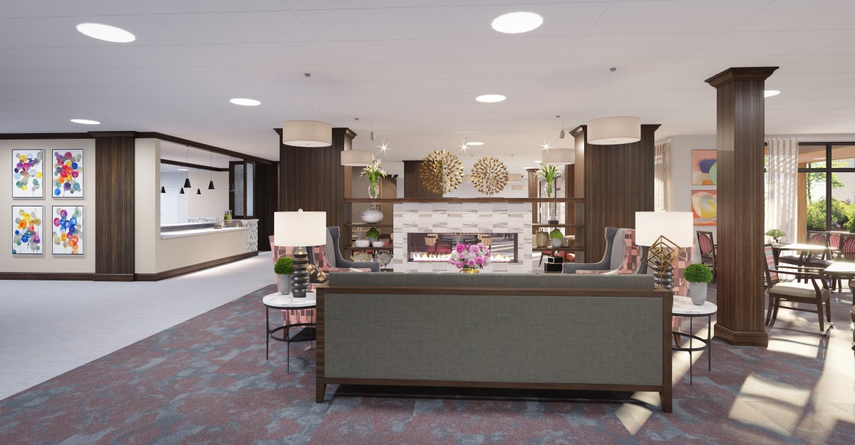 A modern and cozy lobby with stylish furniture and ambient lighting.