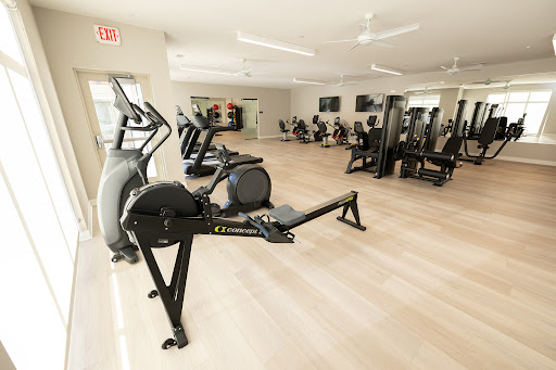 A well-equipped gym featuring various cardio and strength training machines, designed for a modern workout experience.