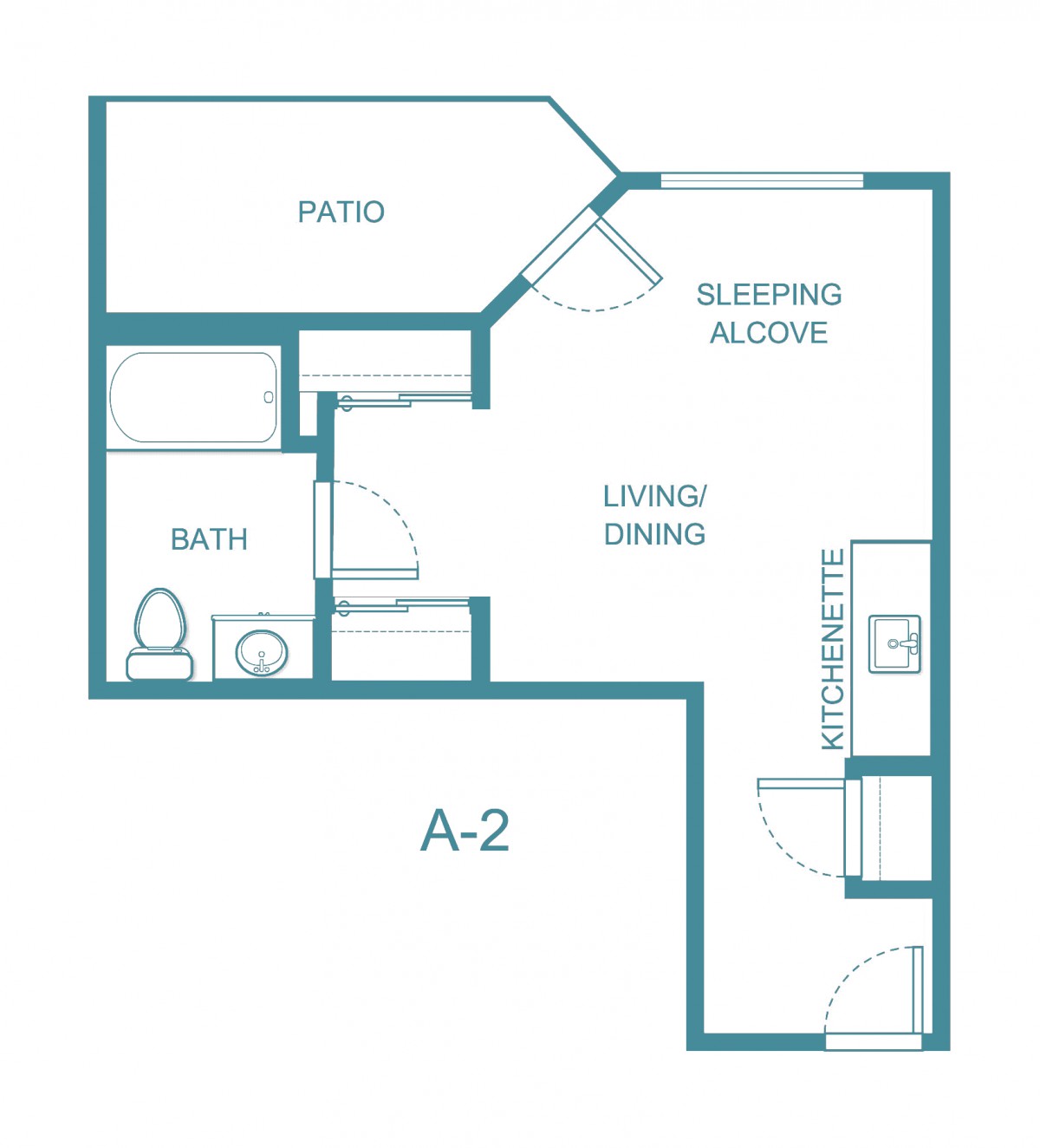 A studio apartment floor plan featuring a living/dining area, kitchenette, bathroom, sleeping alcove, and patio.
