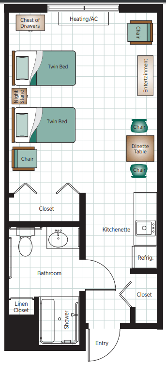 Studio apartment floor plan with a twin bed, kitchenette, and bathroom.