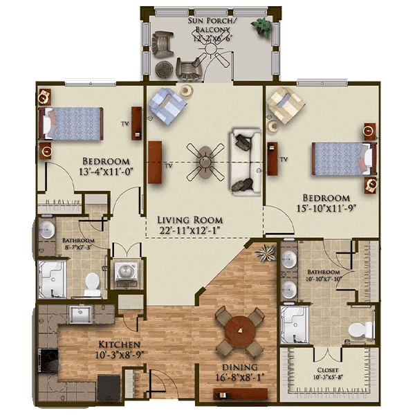A detailed floor plan of a three-bedroom, two-bathroom apartment with a living room, kitchen, dining area, and balcony.