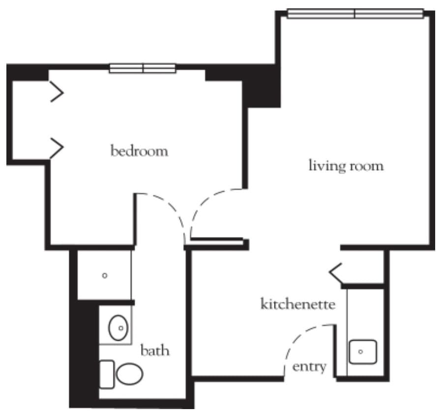 A one-bedroom apartment floor plan with a kitchenette, living room, and bathroom.