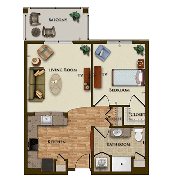 One-bedroom apartment floor plan with living room, kitchen, bathroom, and balcony.