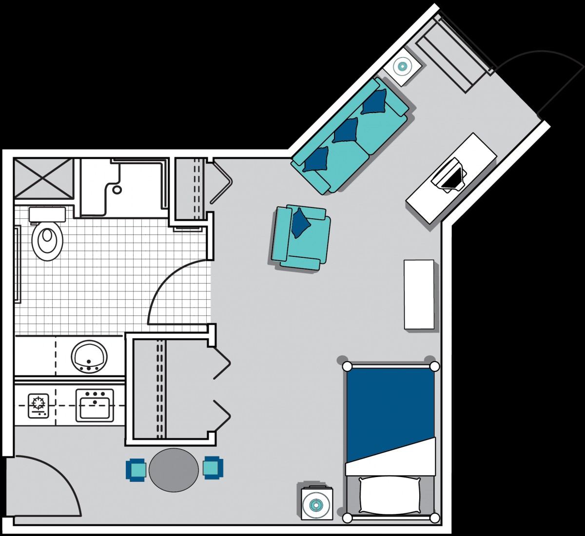 A floor plan of a one-bedroom apartment featuring a living room, kitchen, bathroom, and bedroom.