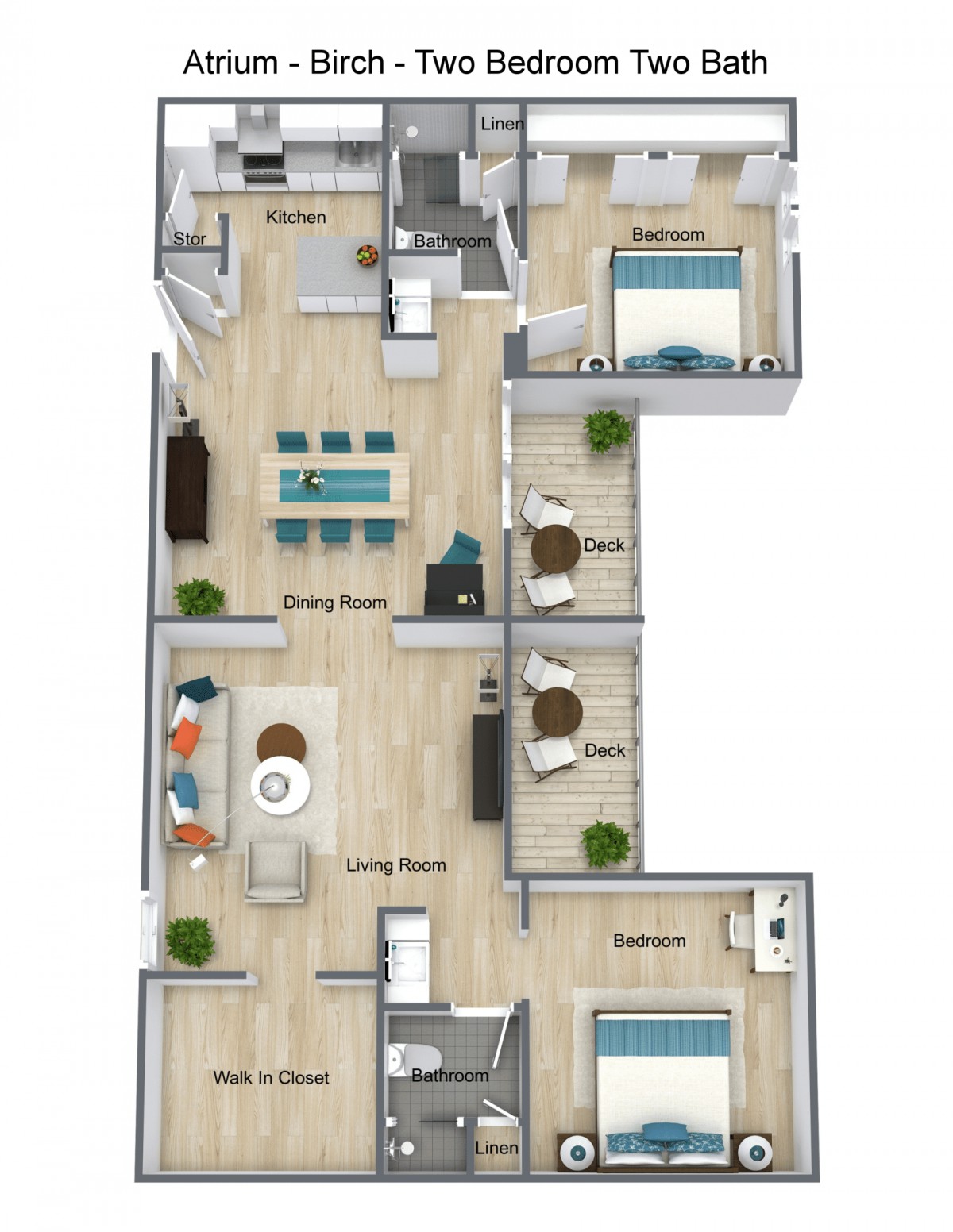 A detailed 3D floor plan of an apartment featuring multiple bedrooms, a living room, dining area, kitchen, and bathrooms.