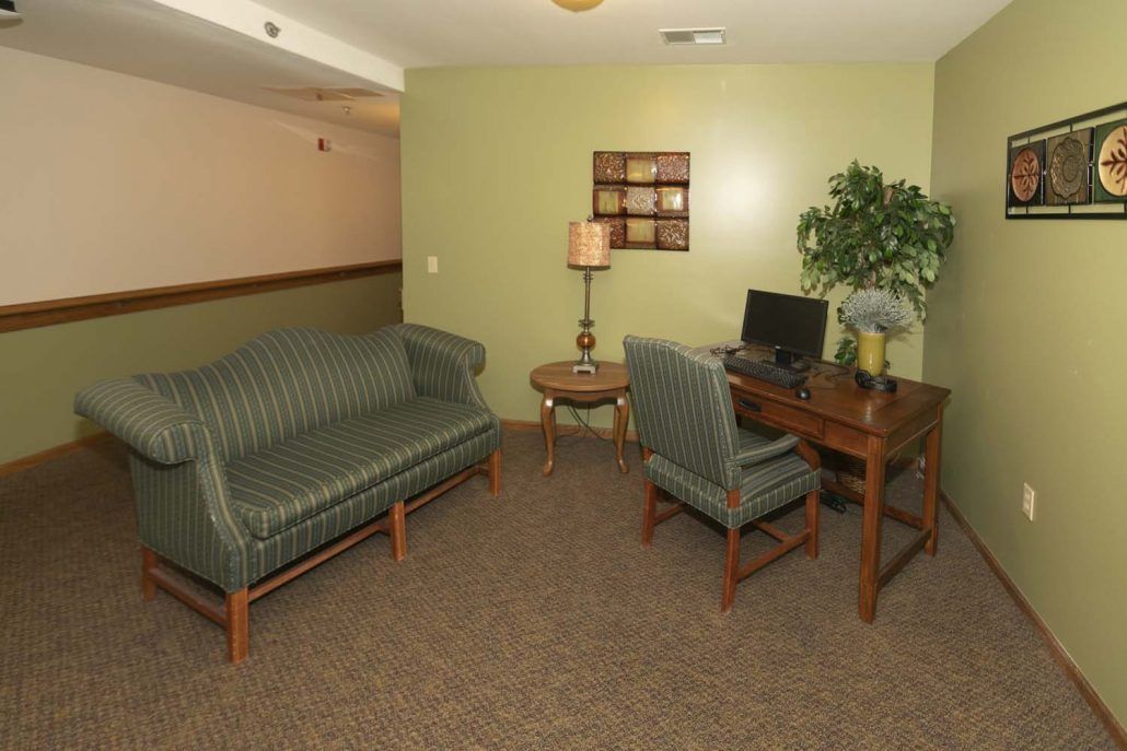 A cozy living room area with a sofa, desk, chair, and computer setup.