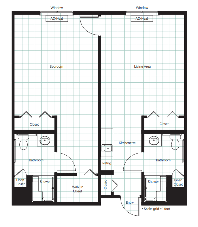 A detailed floor plan of a two-bedroom apartment with two bathrooms.