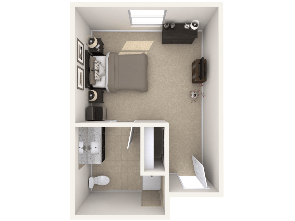 A 3D floor plan of a compact bedroom with an attached bathroom, featuring a bed, nightstand, desk, and closet.