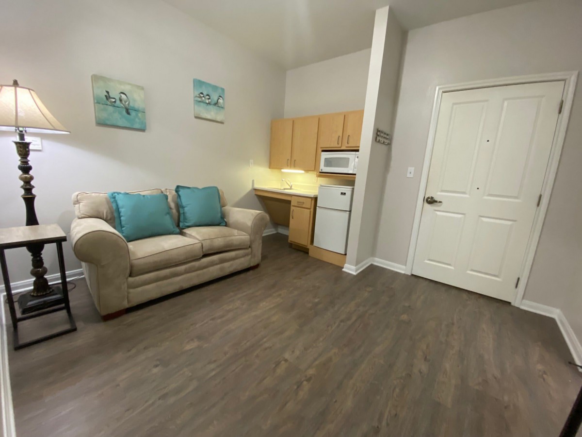 A cozy living area with a sofa and kitchenette.